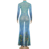 Print Hollow Out Sexy Fishtail Dress DLSF-K25D76944