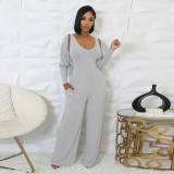 Long Sleeve Solid Color Tops+Jumpsuit 2 Piece Set YF-10794