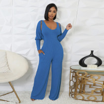 Long Sleeve Solid Color Tops+Jumpsuit 2 Piece Set YF-10794