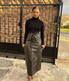 Split Half PU Leather Skirt(With Belt) QODY-6005