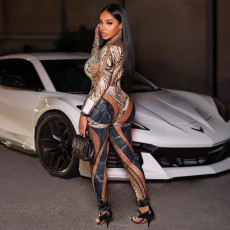 Snake Print Skinny Bodysuit Pants Suit DLSF-K25S77067