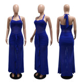 Solid Color Halterneck Pleated Split Maxi Dress CYA-901962