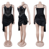 Hot Drill V Neck Sling Mini Dress NY-3655