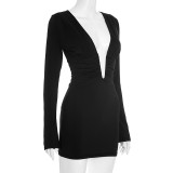 V Neck Hollow Out Long Sleeve Mini Dress GSZM-C25DS204