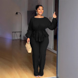 Plus Size Lace drawstring Long Sleeve Two-Piece Set NY-3673