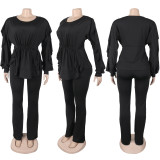 Plus Size Lace drawstring Long Sleeve Two-Piece Set NY-3673