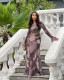 Print Long Sleeve Pleated Maxi Dress GCNE-72764