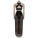 Sexy Sleeveless Wrap Chest Tassel Long Skirts Suit BY-7438