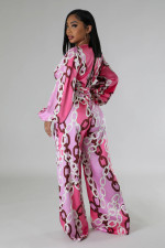 Print Deep V Neck Two Piece Pants Set XHXF-8727