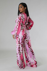 Print Deep V Neck Two Piece Pants Set XHXF-8727