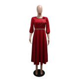 O Neck Half Sleeve Solid Color Long Dress CYA-901973