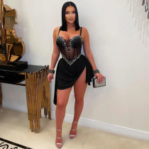 Hot Drill V Neck Sling Mini Dress NY-3655