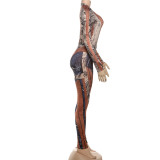 Snake Print Skinny Bodysuit Pants Suit DLSF-K25S77067