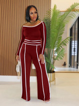 One Shoulder Patchwork Long Sleeve Pants Suit NY-9191