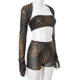 Polka Dot Print Wrap Chest Long Sleeve 3 Piece Shorts Set MXBF-J25ST187