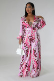 Print Deep V Neck Two Piece Pants Set XHXF-8727