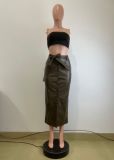 Split Half PU Leather Skirt(With Belt) QODY-6005