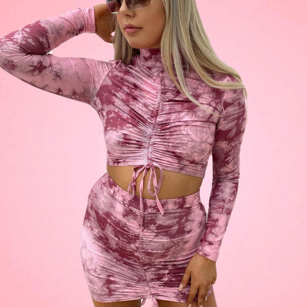 Hollow Out Print Drawstring Two Piece Skits Set GNZD-8633SD