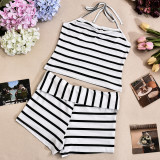 Stripe Backless Tie Up Two Piece Shorts Set GNZD-51814SBD