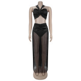 Sexy Sleeveless Wrap Chest Tassel Long Skirts Suit BY-7438