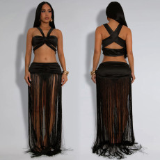 Sexy Sleeveless Wrap Chest Tassel Long Skirts Suit BY-7438