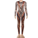 Snake Print Skinny Bodysuit Pants Suit DLSF-K25S77067