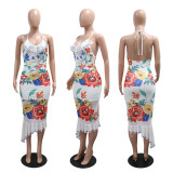 Backless Tie Up Print Ruffles Maxi Dress CYA-901948