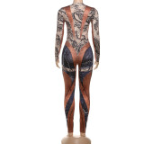 Snake Print Skinny Bodysuit Pants Suit DLSF-K25S77067
