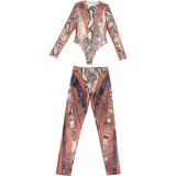 Snake Print Skinny Bodysuit Pants Suit DLSF-K25S77067