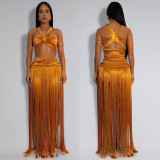 Sexy Sleeveless Wrap Chest Tassel Long Skirts Suit BY-7438