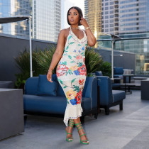 Backless Tie Up Print Ruffles Maxi Dress CYA-901948