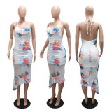 Backless Tie Up Print Ruffles Maxi Dress CYA-901948