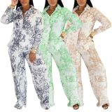 Print Long Sleeve Shirt Two Piece Pant Set AIL-329