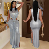 Sexy High Collar Sleeveless Split Maxi Dress BY-7476