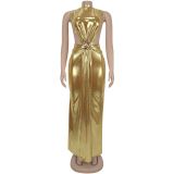 Sexy High Collar Sleeveless Split Maxi Dress BY-7476