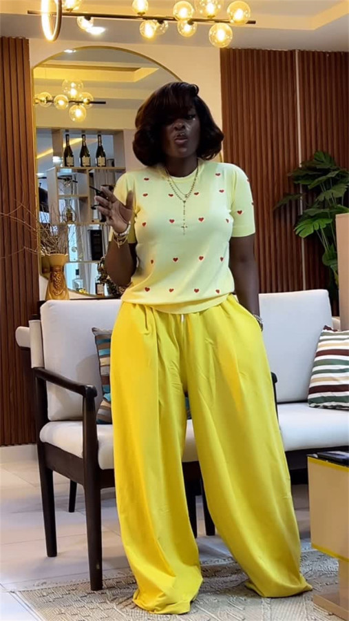 Love Print Short Sleeve Tops Wide Leg Pants Suit GCNE-72738