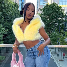 Solid Color Fur Zipper Hooded Short Jacket GDSF-J25TP213