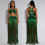 Sexy Sleeveless Wrap Chest Tassel Long Skirts Suit BY-7438