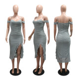 Off Shoulder Solid Color Ruffles Split Long Dress CYA-901987