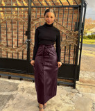 Split Half PU Leather Skirt(With Belt) QODY-6005