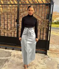 Split Half PU Leather Skirt(With Belt) QODY-6005