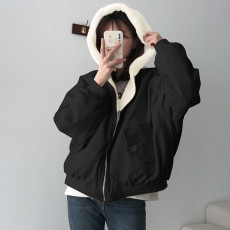 Solid Color Hooded Zipper Plush Jacket GSZM-ZTP1449