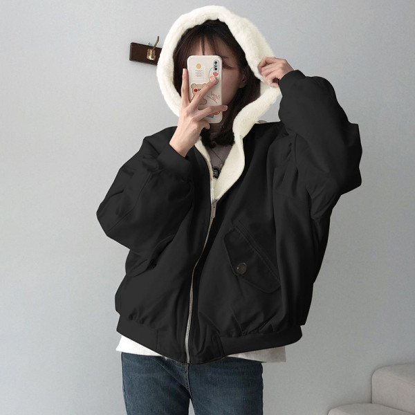 Solid Color Hooded Zipper Plush Jacket GSZM-ZTP1449