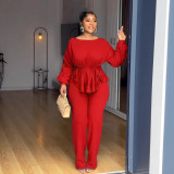 Plus Size Lace drawstring Long Sleeve Two-Piece Set NY-3673