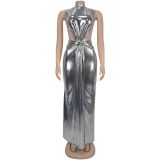 Sexy High Collar Sleeveless Split Maxi Dress BY-7476