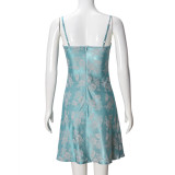 Ice Silk Satin Floral Print Sling Mini Dress GNZD-32468DBY