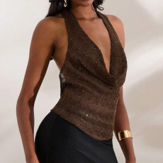 Deep V Neck Solid Color Backless Tops GNZD-51646TBD