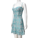 Ice Silk Satin Floral Print Sling Mini Dress GNZD-32468DBY