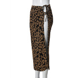 Leopard Print Drawstring Tie Up Split Skirt GNZD-51556DBD