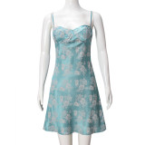Ice Silk Satin Floral Print Sling Mini Dress GNZD-32468DBY